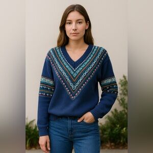 Vintage Etchings  Blue V-Neck Knit Sweater